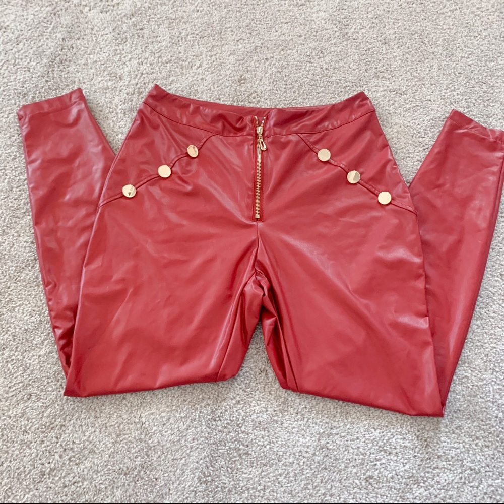 Faux Red Leather Skinny Pants with Gold Accents Large